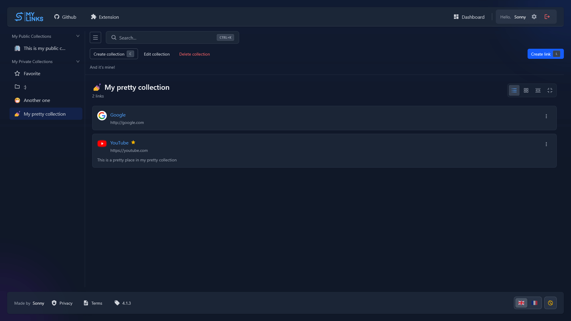 MyLinks dashboard
